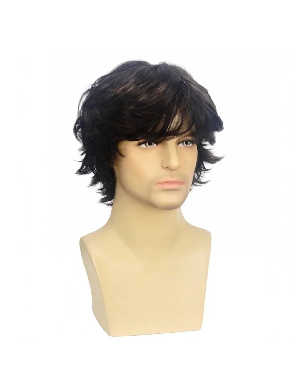 Men's Brown Short Layered Fluffy Natural Wavy Shag Bangs Wig For Cosplay Style